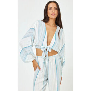 LSPACE White/Blue Tie-Front Balloon Sleeve Crop Top Boho Size Small 2-8 NEW